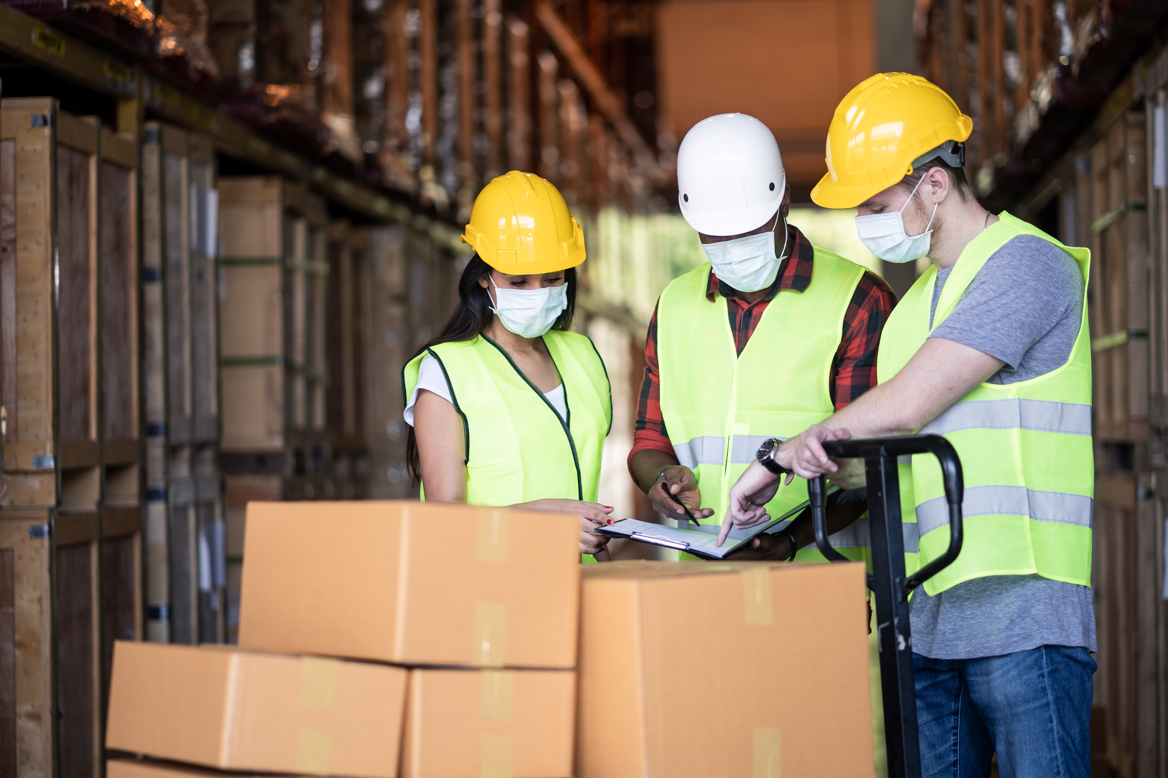 Construction workers and boxes